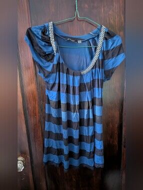 FYLO Blue and Black Striped T-Shirt with Chain Accent, Size Small